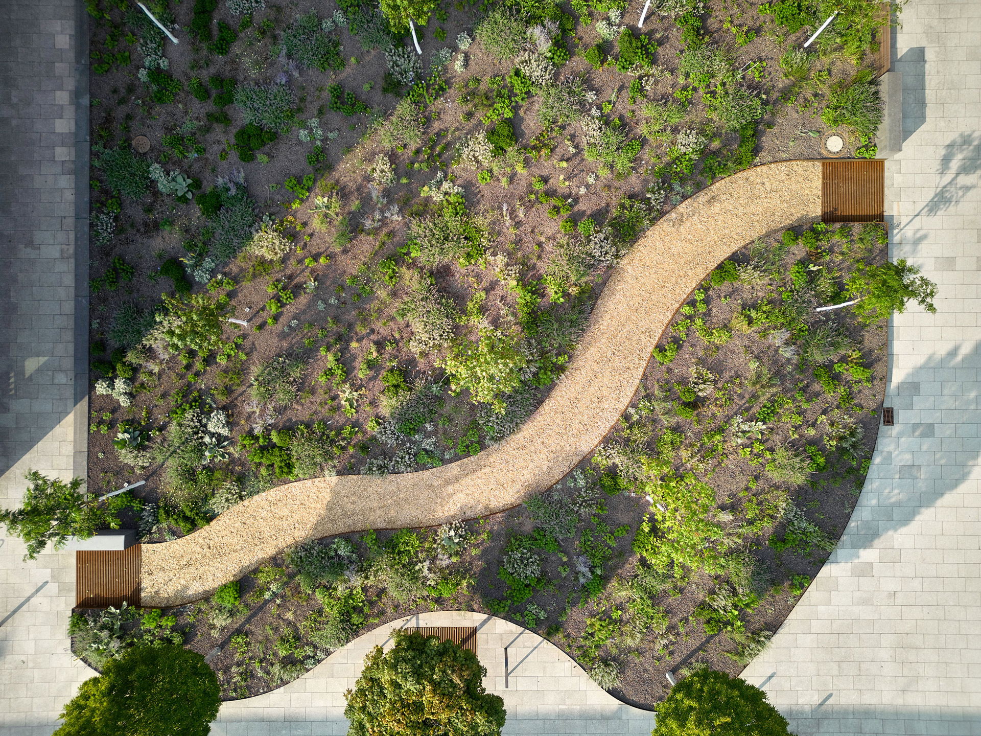 Der Belvedere Platz mit Bäumen, bepflanzten Beeten in der Draufsicht